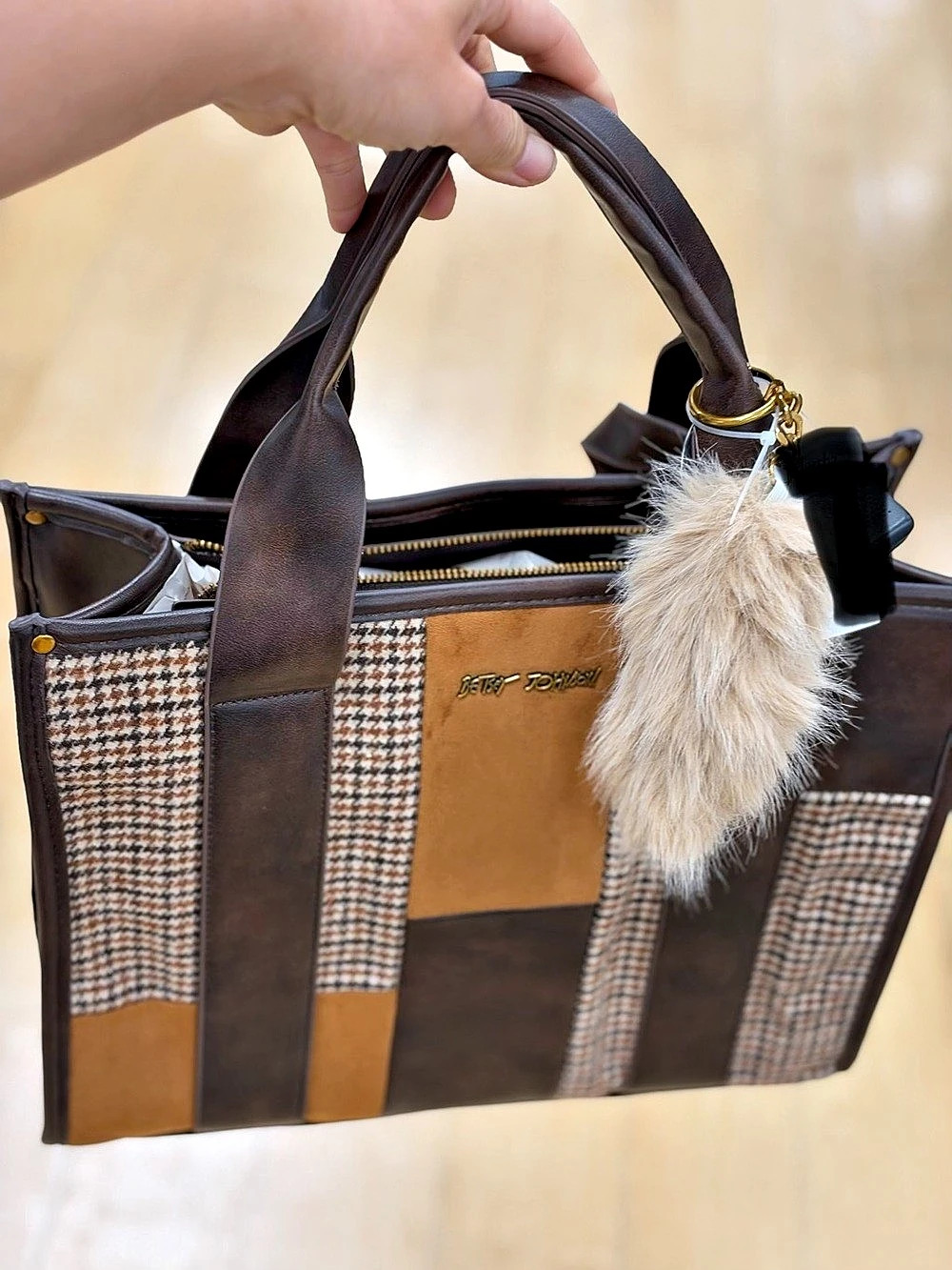 Betsey Johnson Brown Houndstooth Patchwork Tote Bag